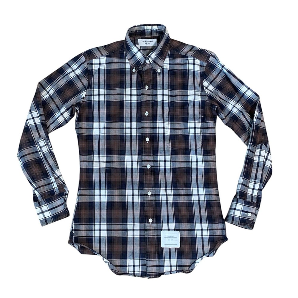 Thom Browne Plaid Button Down Shirt Mens Size 0 XS Brown Blue Flannel